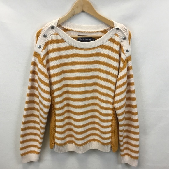 Calvin Klein Jeans Striped Mustard Yellow and White Knit Sweater - Picture 2 of 9